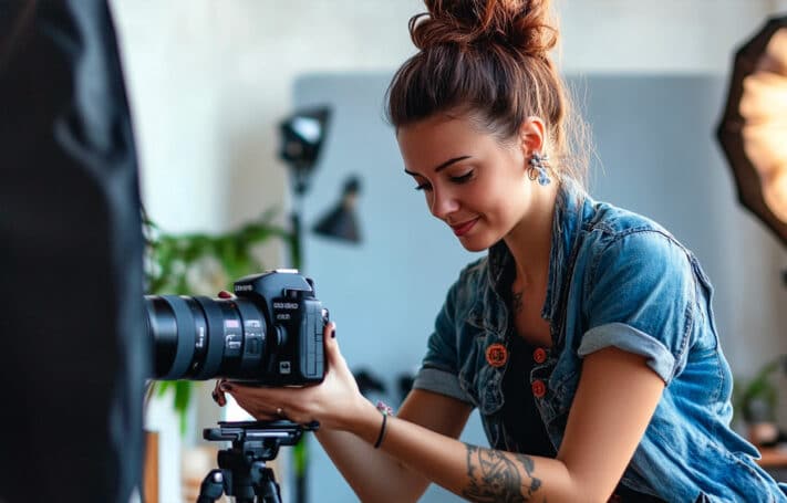 Une vidéaste professionnelle en pleine action, réglant son appareil photo sur trépied dans un studio, illustrant la production de vidéos d’entreprise pour une stratégie marketing optimale.