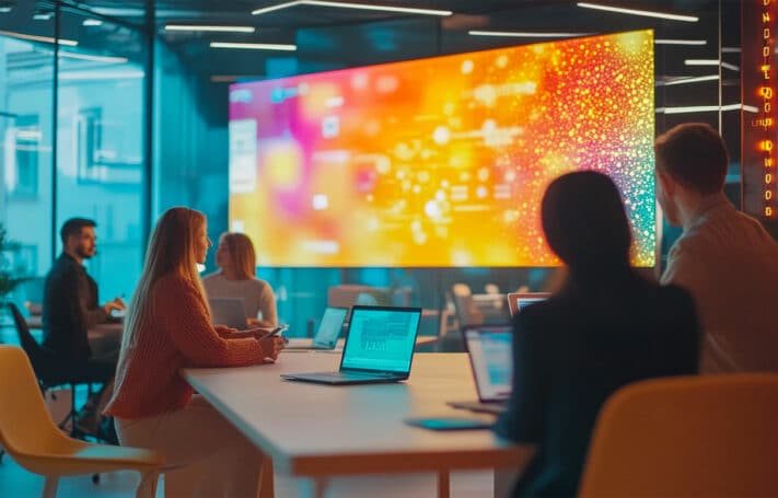 Des professionnels d'une entreprise SaaS collaborent dans une salle de réunion moderne, où un grand écran coloré projette des données et des éléments visuels numériques. L'image illustre l'importance de la vidéo marketing dans la communication et la présentation des services complexes des entreprises SaaS en 2025.