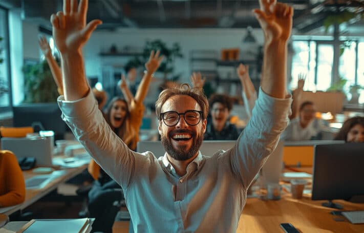 Un collaborateur souriant, bras levés en signe d’enthousiasme, entouré de collègues joyeux dans un open space moderne, illustrant une ambiance de travail dynamique et motivante.