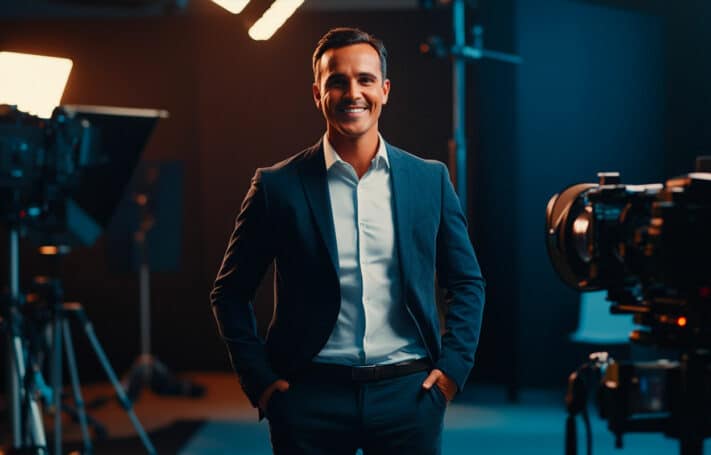 Un CEO souriant, en costume, debout sur un plateau de tournage professionnel, entouré de caméras et d’éclairages, prêt à partager les valeurs et la culture de son entreprise.