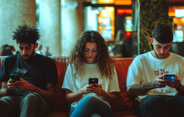 Trois jeunes adultes assis sur un canapé, absorbés par leurs smartphones, représentant une audience cible connectée et consommatrice de vidéos en ligne des entreprises et marques.